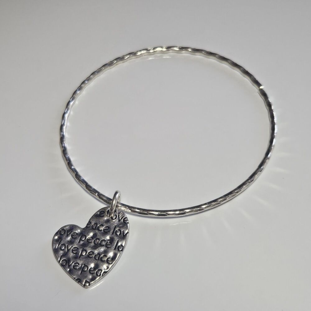 Silver Tone Peace Love Heart Charm Bangle Bracelet 8"